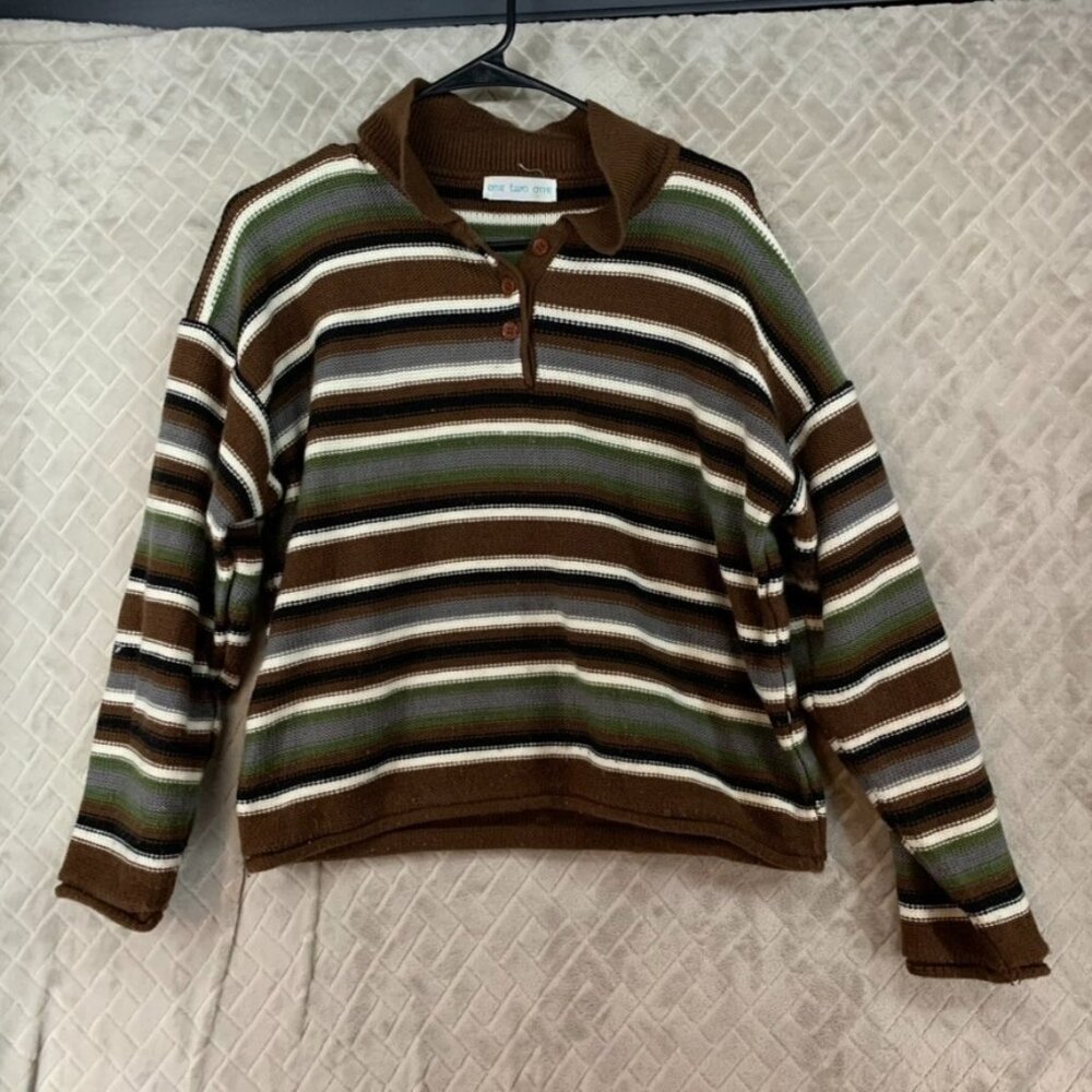 One Two One Womens Oversized M Sweater Brown Striped Boxy Henley Collared